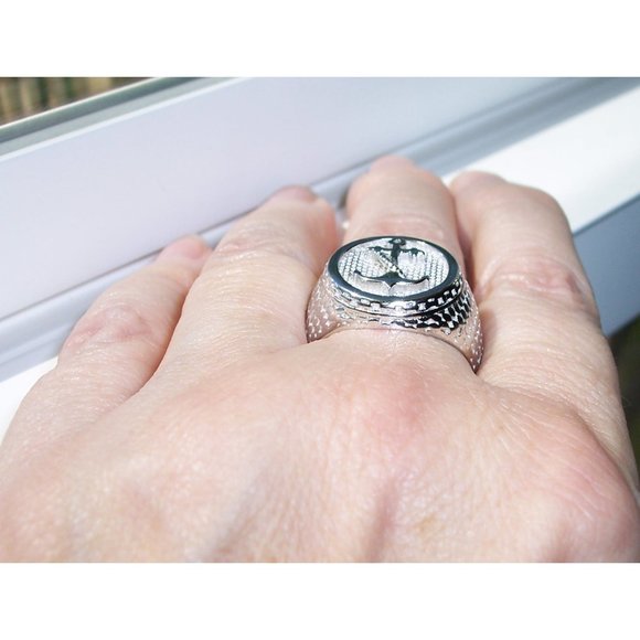 925 STERLING SILVER Men's Nautical Anchor Ring - Picture 4 of 12